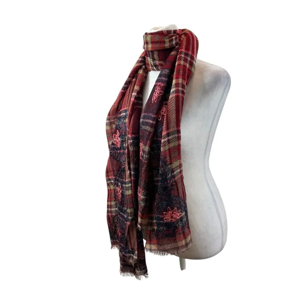 Ladies Lucky Brand Red‎ and Blue Plaid Wool Fringe End Scarf with Embroidery